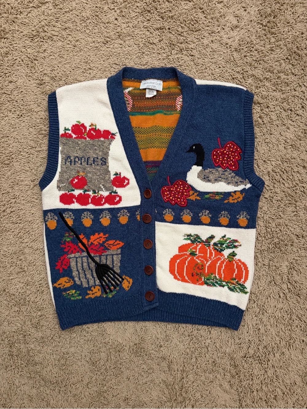 Vintage Sweater Loft Fall Autumn Embroidered Patchwork Cardigan Vest Sz Medium
